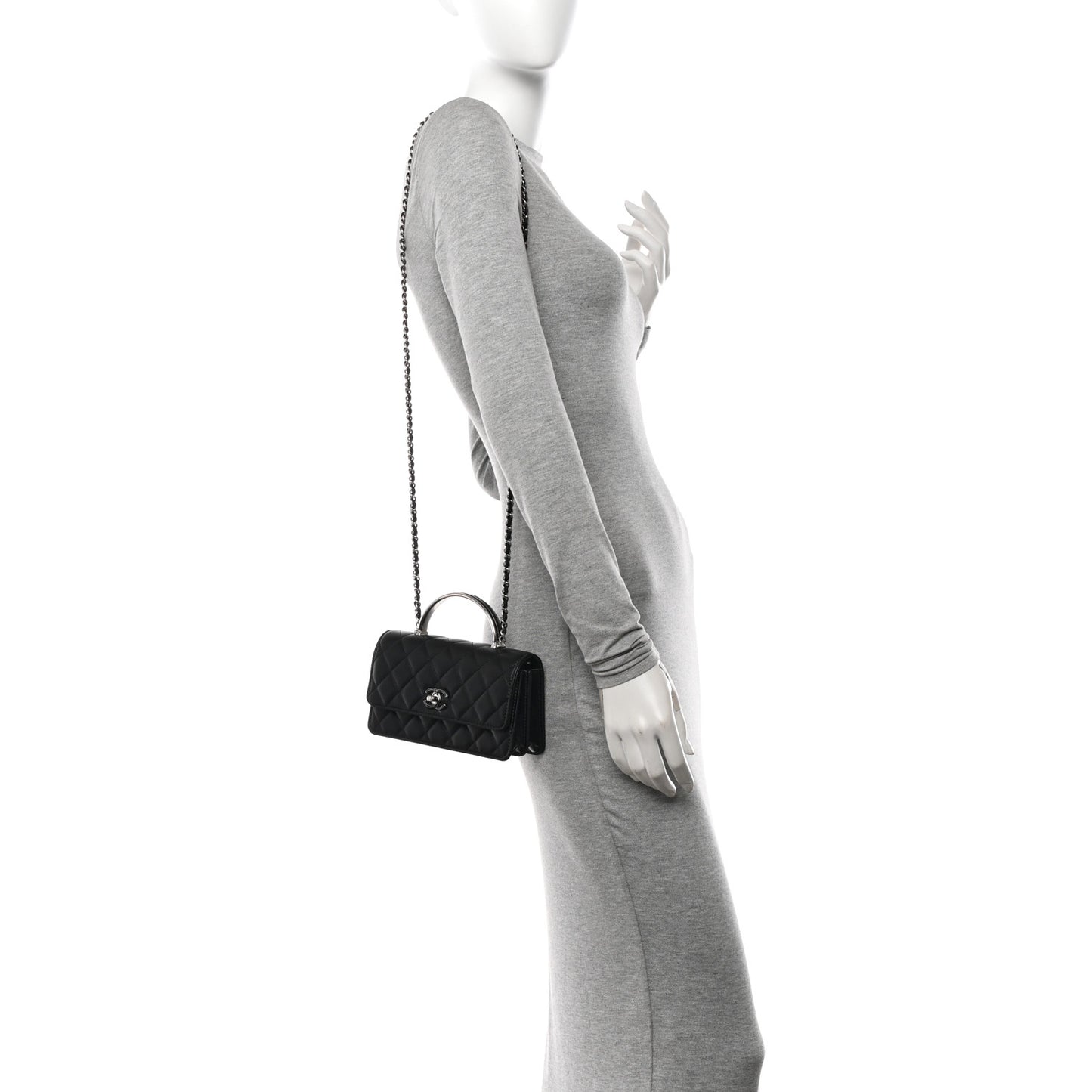 Lambskin Quilted Metal Top Handle Crossbody Flap Black