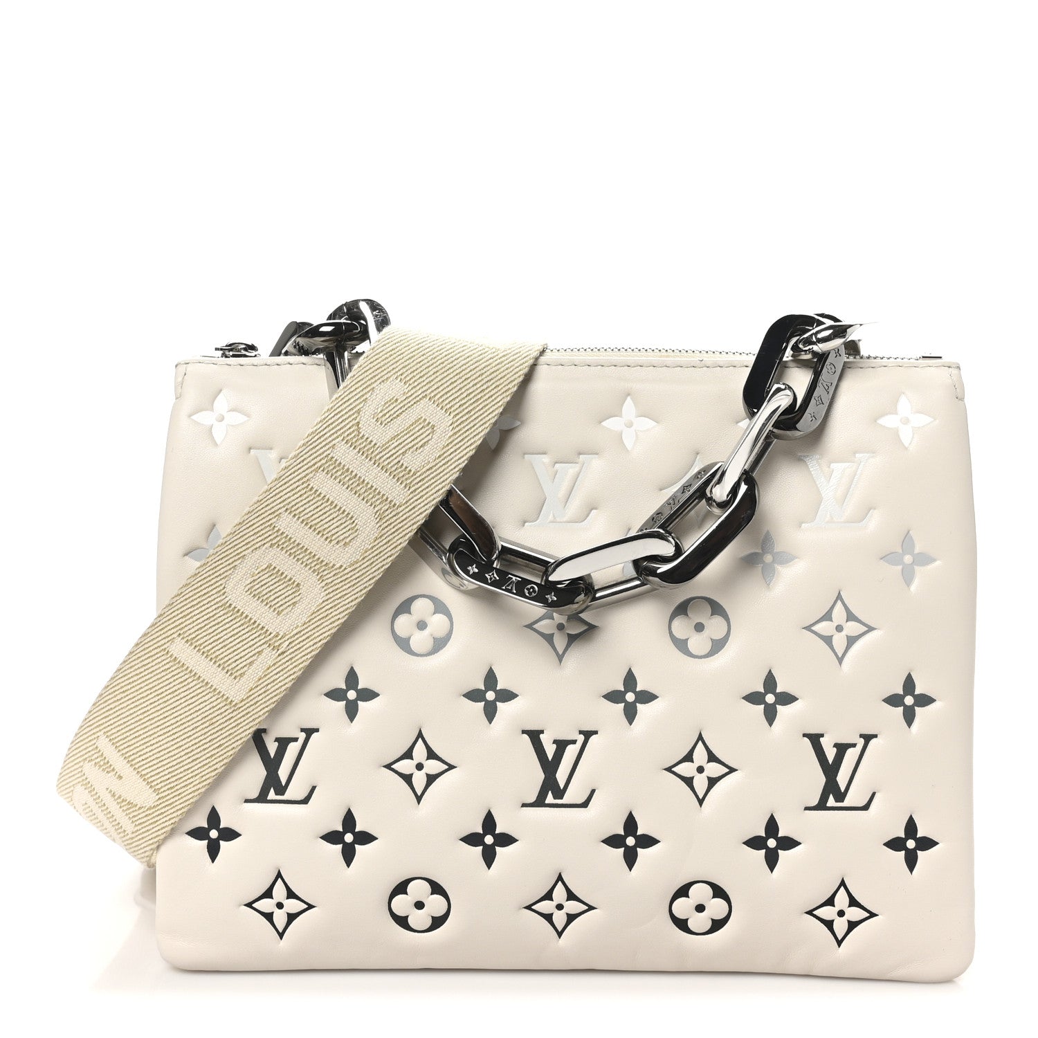 Louis Vuitton Lambskin Embossed Monogram Coussin PM Cream Grey 1 of 10