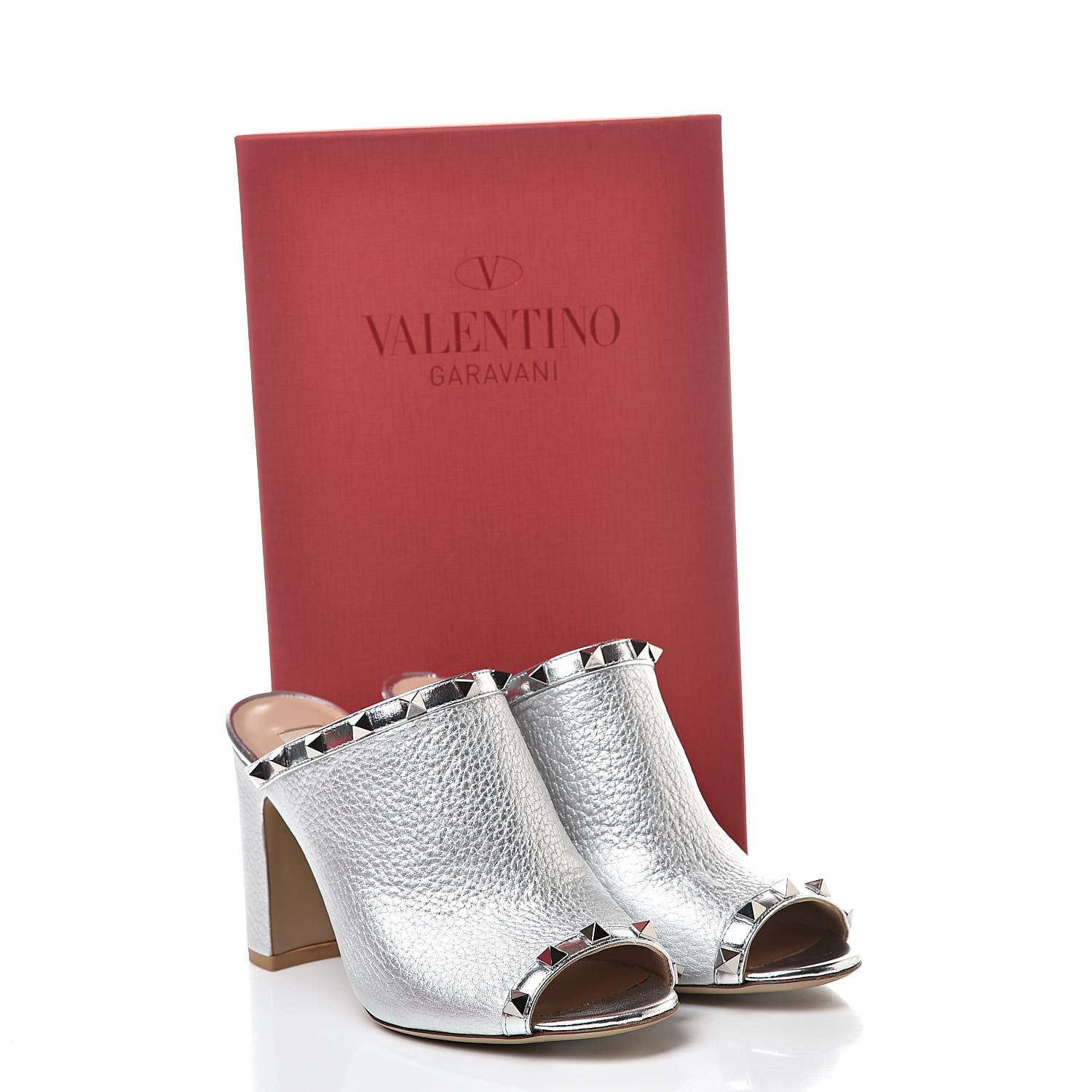 Valentino Garavani Metallic Pebbled Calfskin Rockstud High Heel Slide Sandals 37 Silver 10 of 10