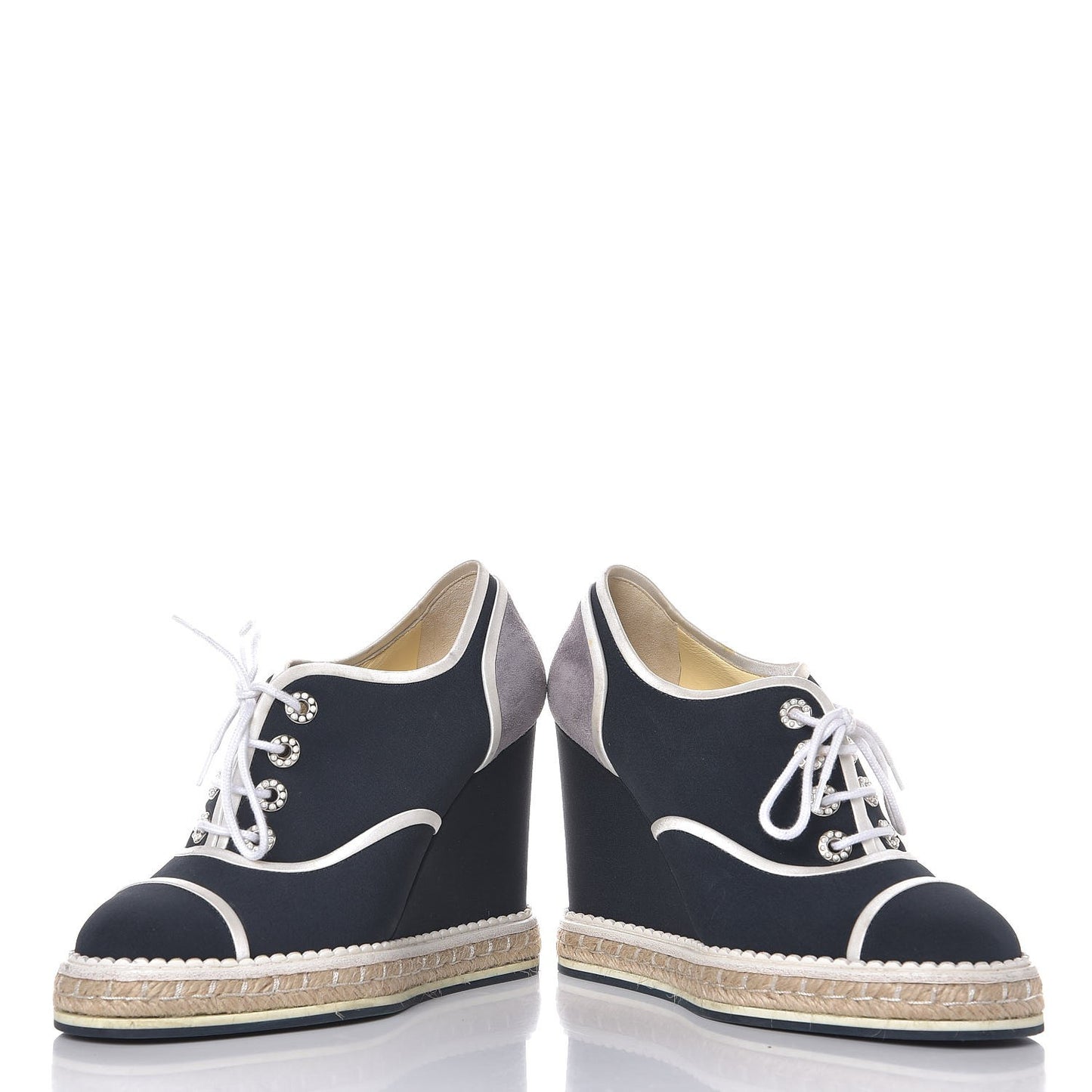 Silk Crepe Suede Calfskin Lace Up Wedge Espadrilles 36.5 Navy Grey