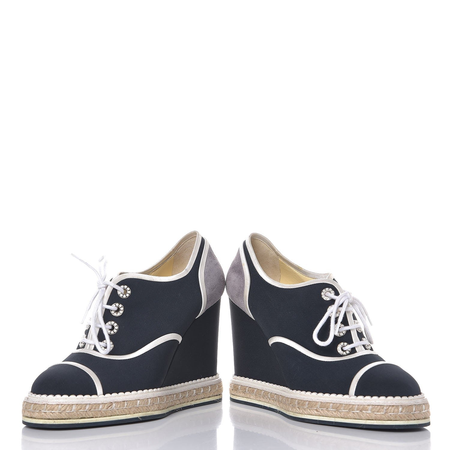 Chanel Silk Crepe Suede Calfskin Lace Up Wedge Espadrilles 36.5 Navy Grey 5 of 10