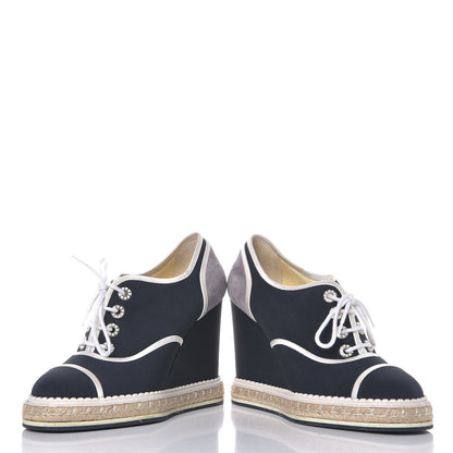 Chanel Silk Crepe Suede Calfskin Lace Up Wedge Espadrilles 36.5 Navy Grey 5 of 10