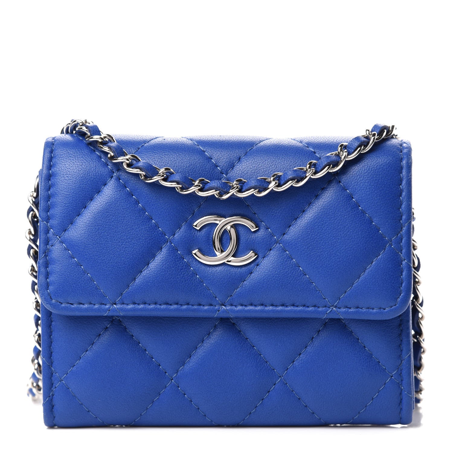 Chanel Lambskin Quilted Flap Card Holder On Chain Blue 1 of 11