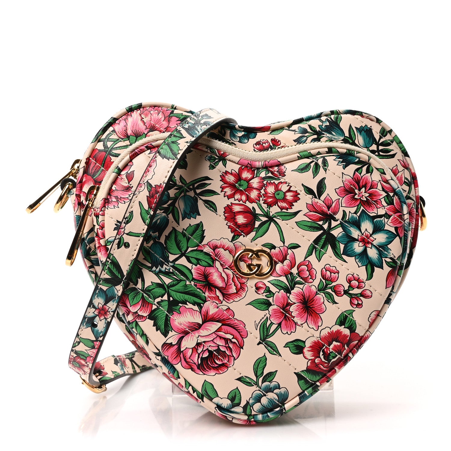 Gucci Calfskin Brit Roses Print Matelasse Diagonal Mini Interlocking G Heart Shoulder Bag Multicolor 1 of 11