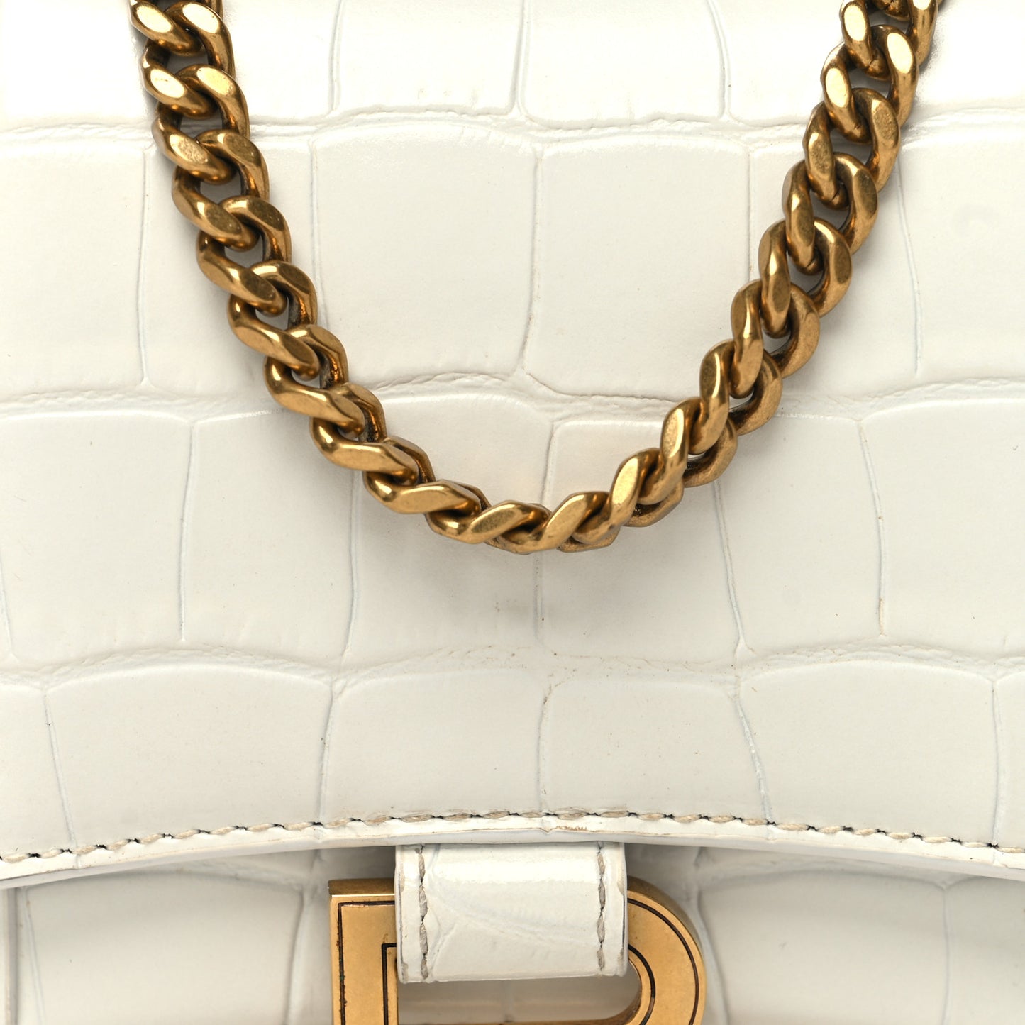 Shiny Calfskin Crocodile Embossed Hourglass Chain Bag White