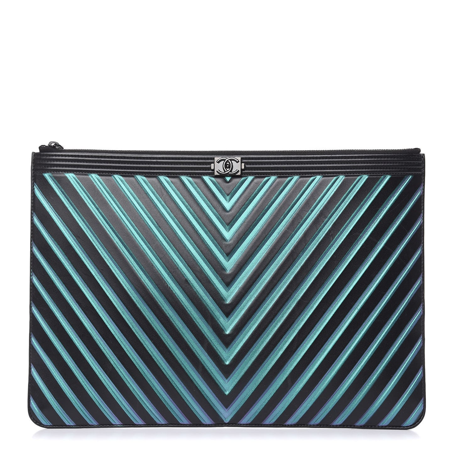 Calfskin Painted Chevron Embossed Large Boy Zip Pouch Black