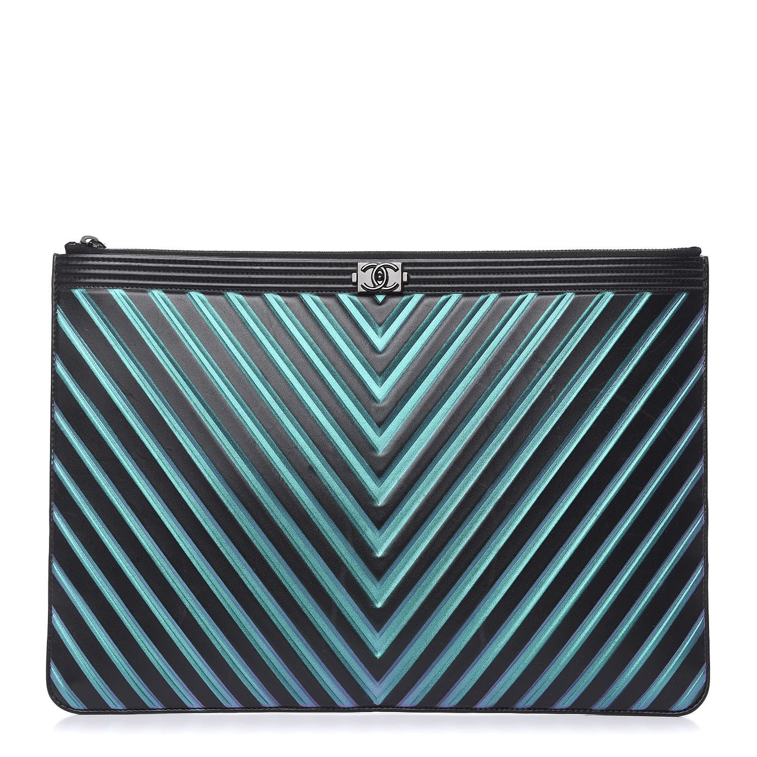 Chanel Calfskin Painted Chevron Embossed Large Boy Zip Pouch Black 1 of 11