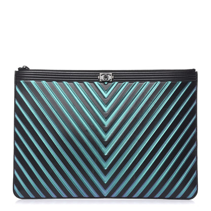 Chanel Calfskin Painted Chevron Embossed Large Boy Zip Pouch Black 1 of 11