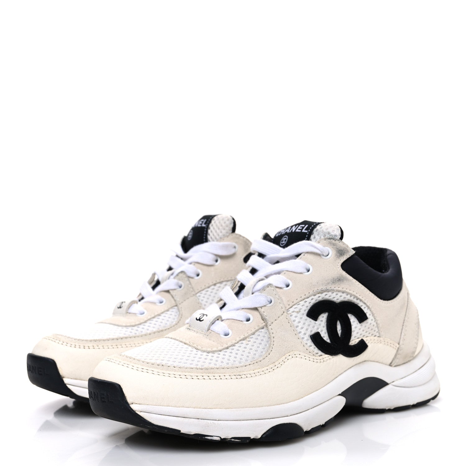 Chanel Mesh Suede Calfskin Grained Calfskin Womens CC Sneakers 36 White Black 4 of 11