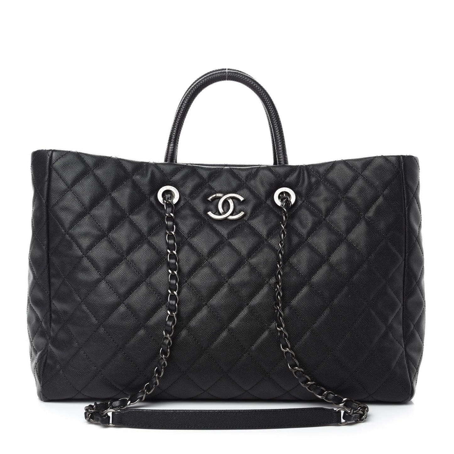 Caviar Quilted Large Coco Handle Shopping Tote Black