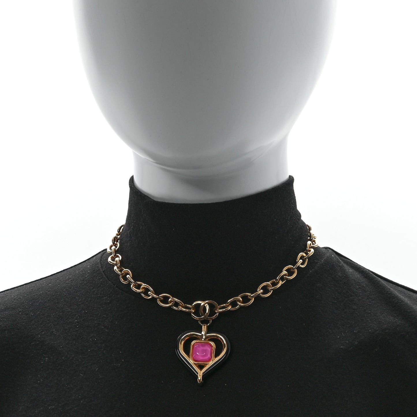 Resin Crystal Heart CC Pendant Necklace Gold Pink Black