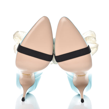 Gucci Polished Calfskin Removable Pearly Bow Elaisa Platform High Heel Pumps 38 New Aquamarine 5 of 11