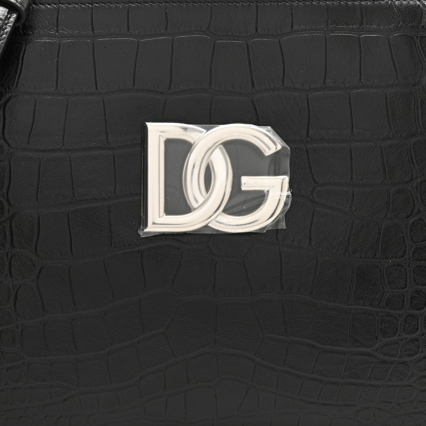 Crocodile Embossed Medium Tris Shoulder Bag Black