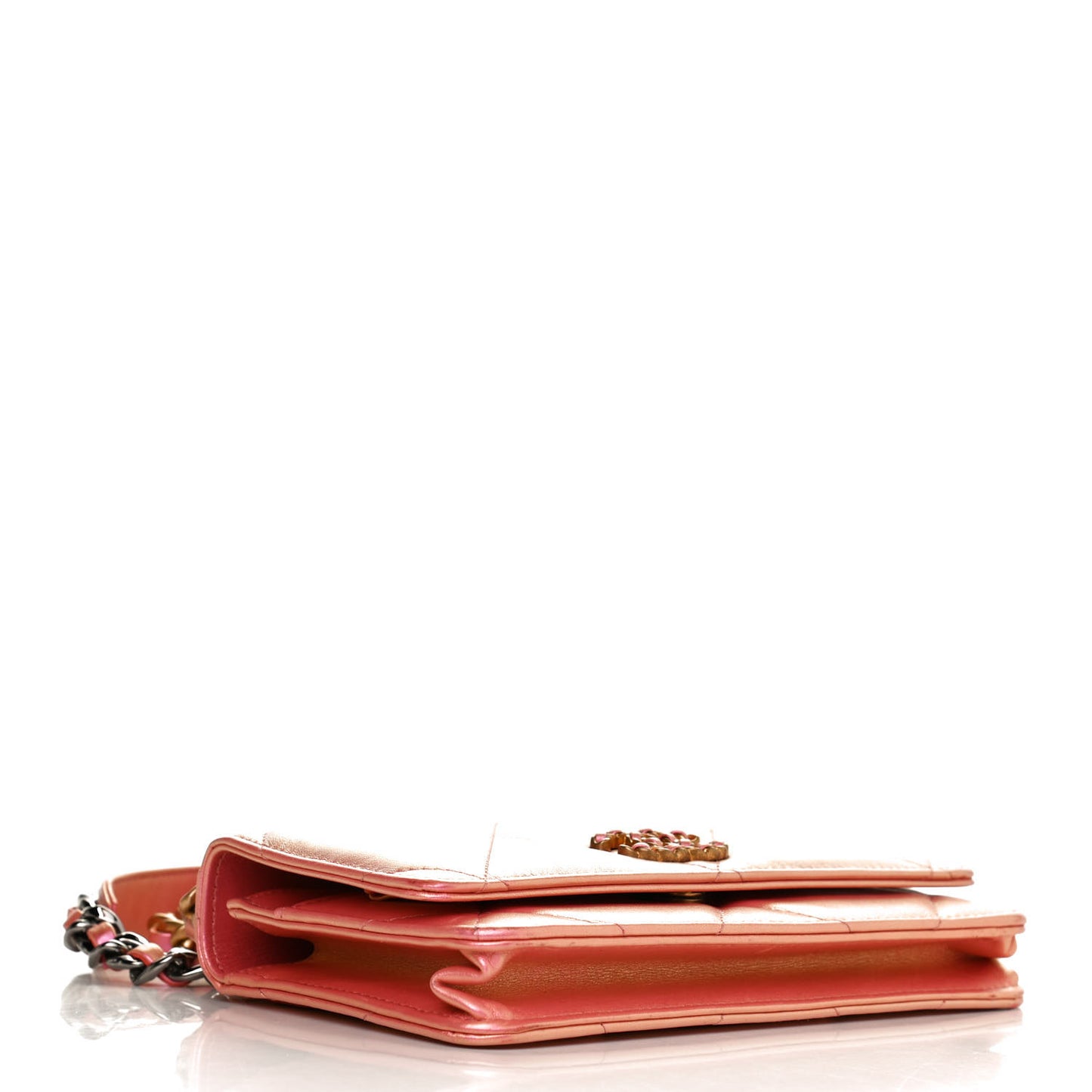 Iridescent Calfskin Quilted Chanel 19 Wallet On Chain WOC Pink