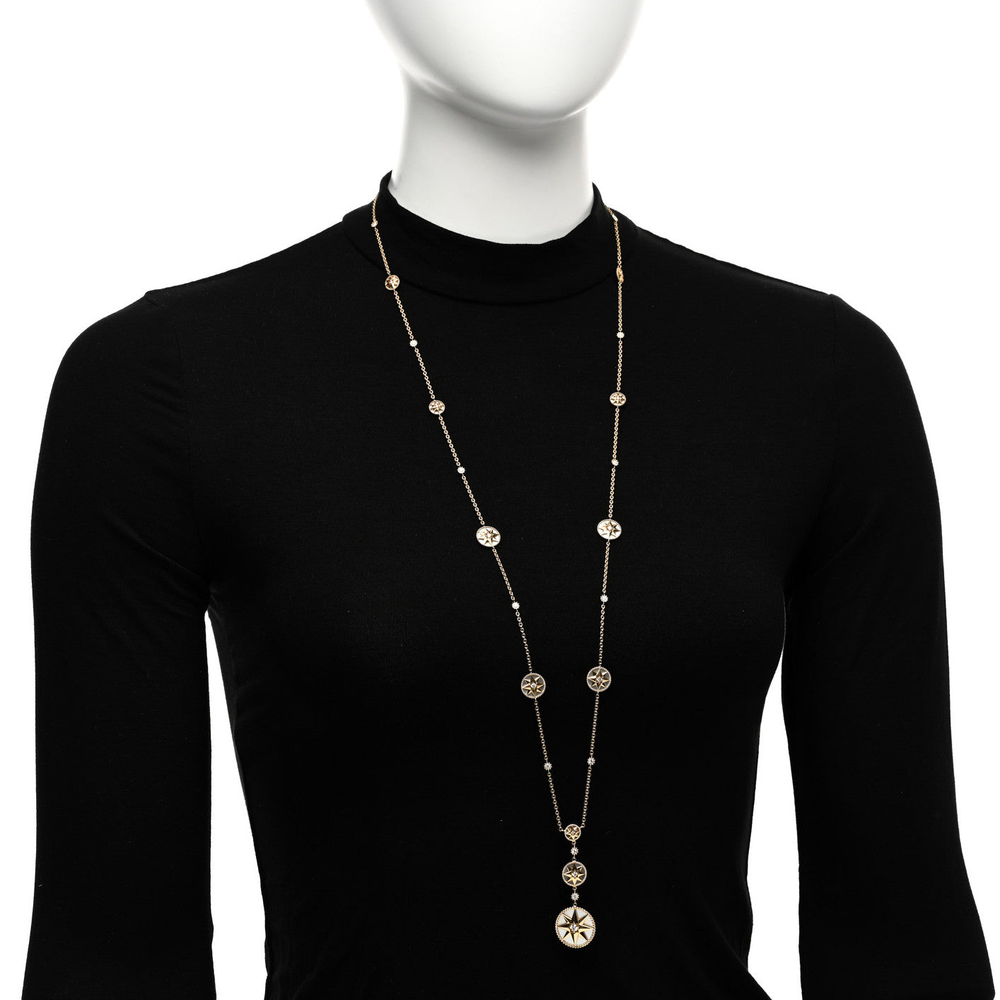 18K Yellow Gold Diamond Mother of Pearl Rose Des Vents Long Necklace