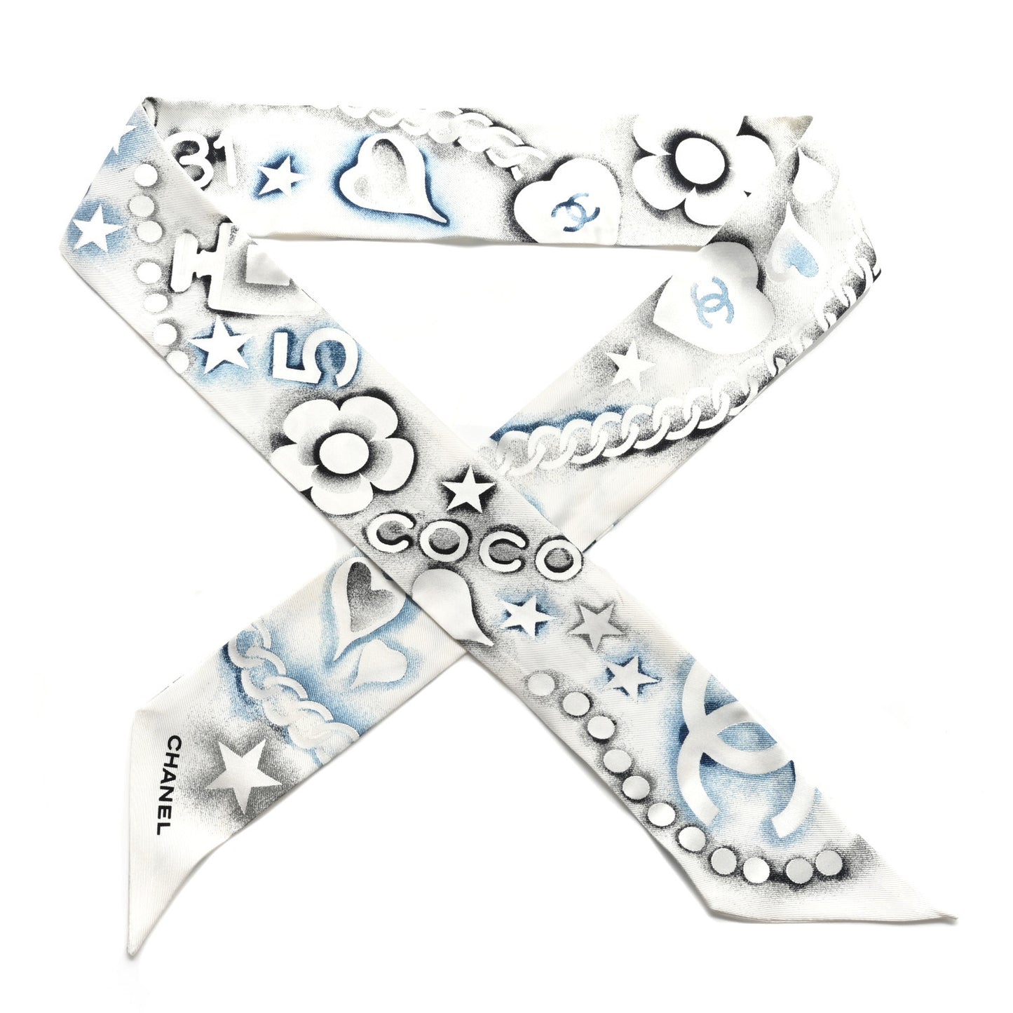 Silk CC Slim Bandeau Scarf White Blue
