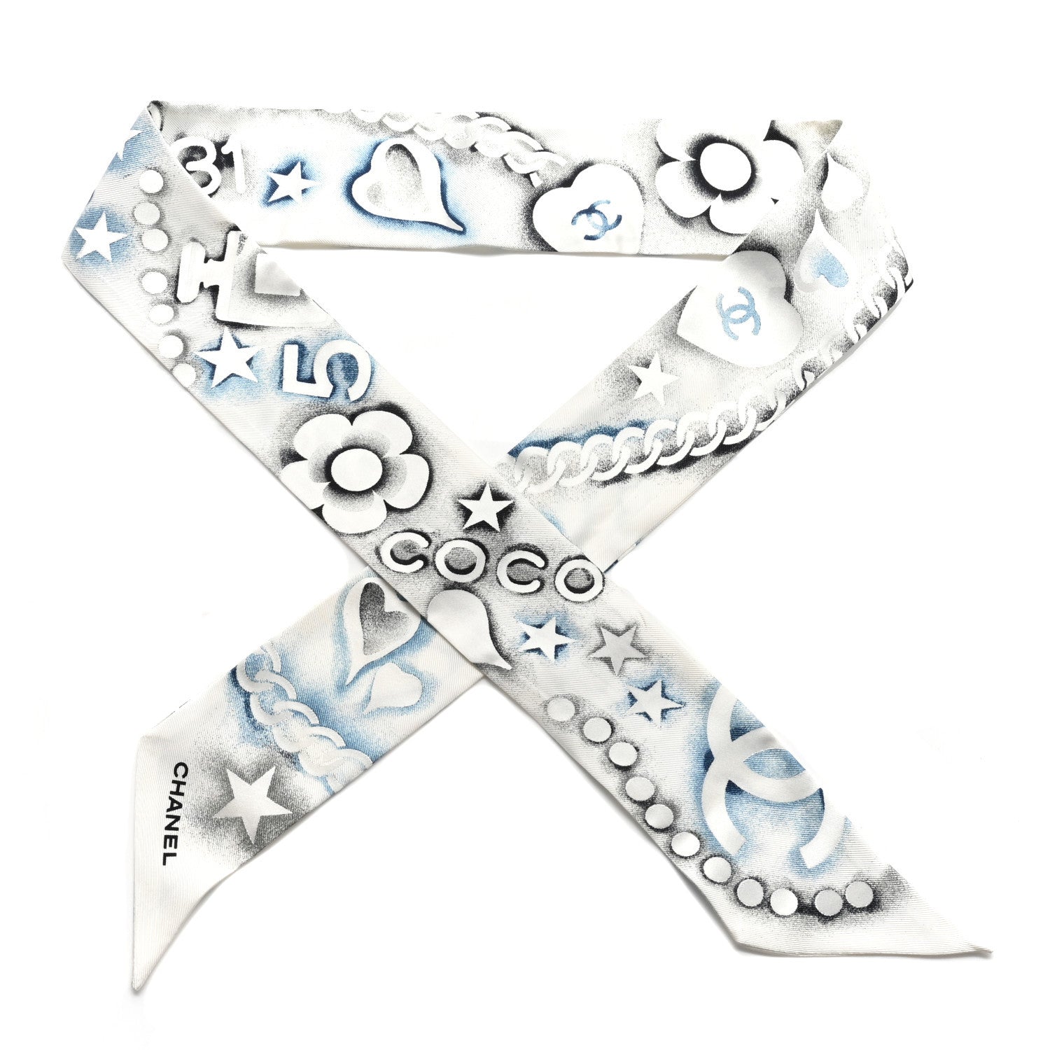 Chanel Silk CC Slim Bandeau Scarf White Blue 1 of 6