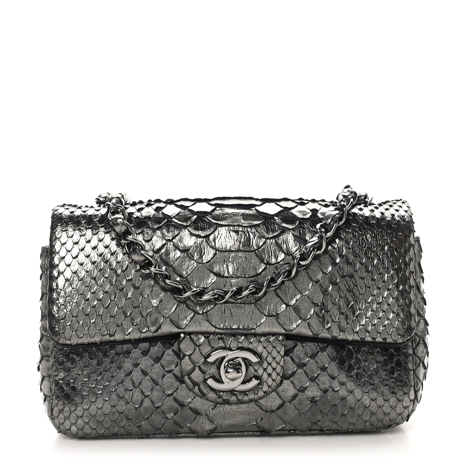 Chanel Metallic Snakeskin Mini Rectangular Flap Dark Silver