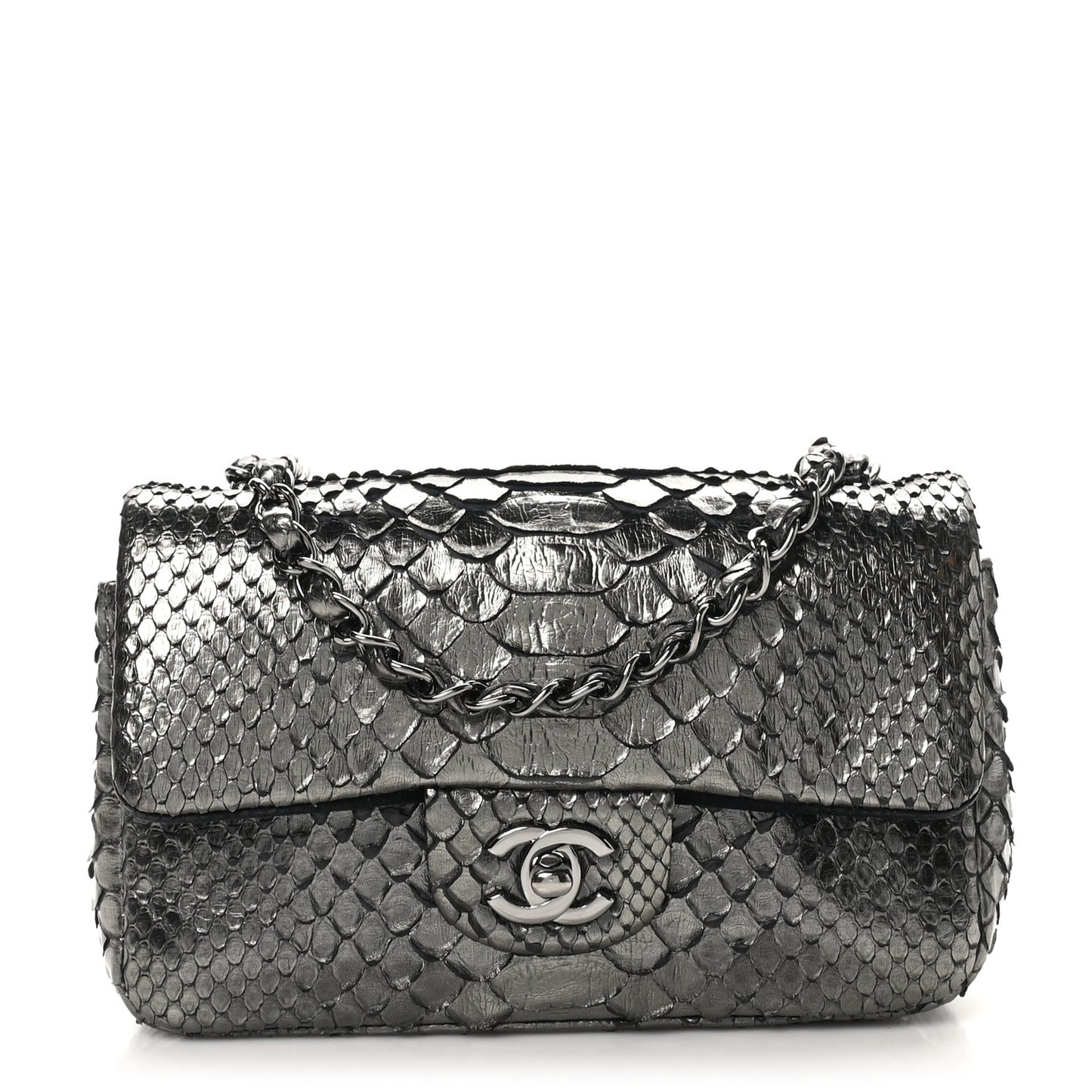 Metallic Snakeskin Mini Rectangular Flap Dark Silver