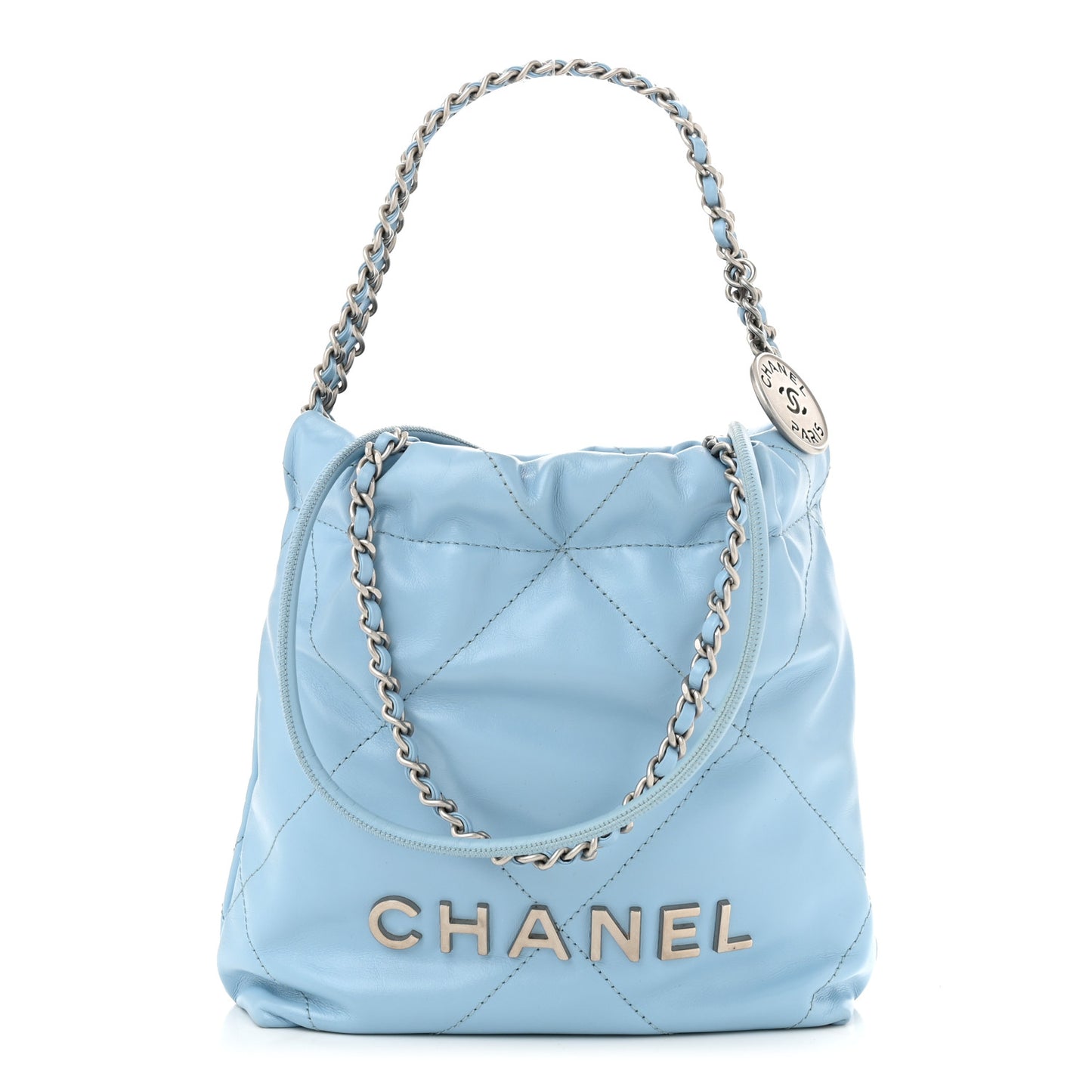 Shiny Calfskin Quilted Mini Chanel 22 Light Blue