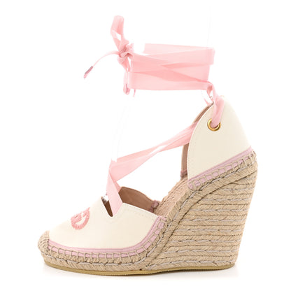 Gucci Canvas Grossgrain Embroidered Judit Ankle Wrap Platform 35/120mm Espadrille Wedges 37 White Shell 1 of 11