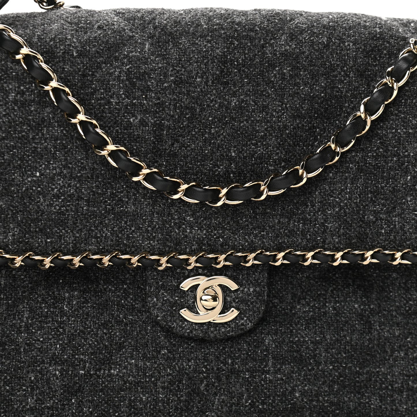Wool Tweed Quilted Coco Neige Chain Around Flap Black