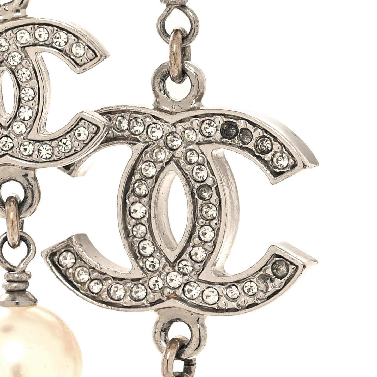 Graduated Pearl Crystal CC Long Necklace Silver