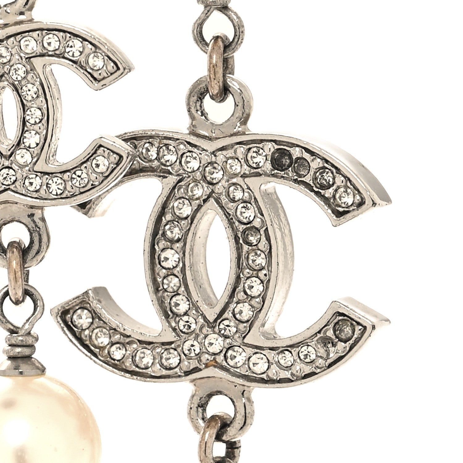 Chanel Graduated Pearl Crystal CC Long Necklace Silver 6 of 6