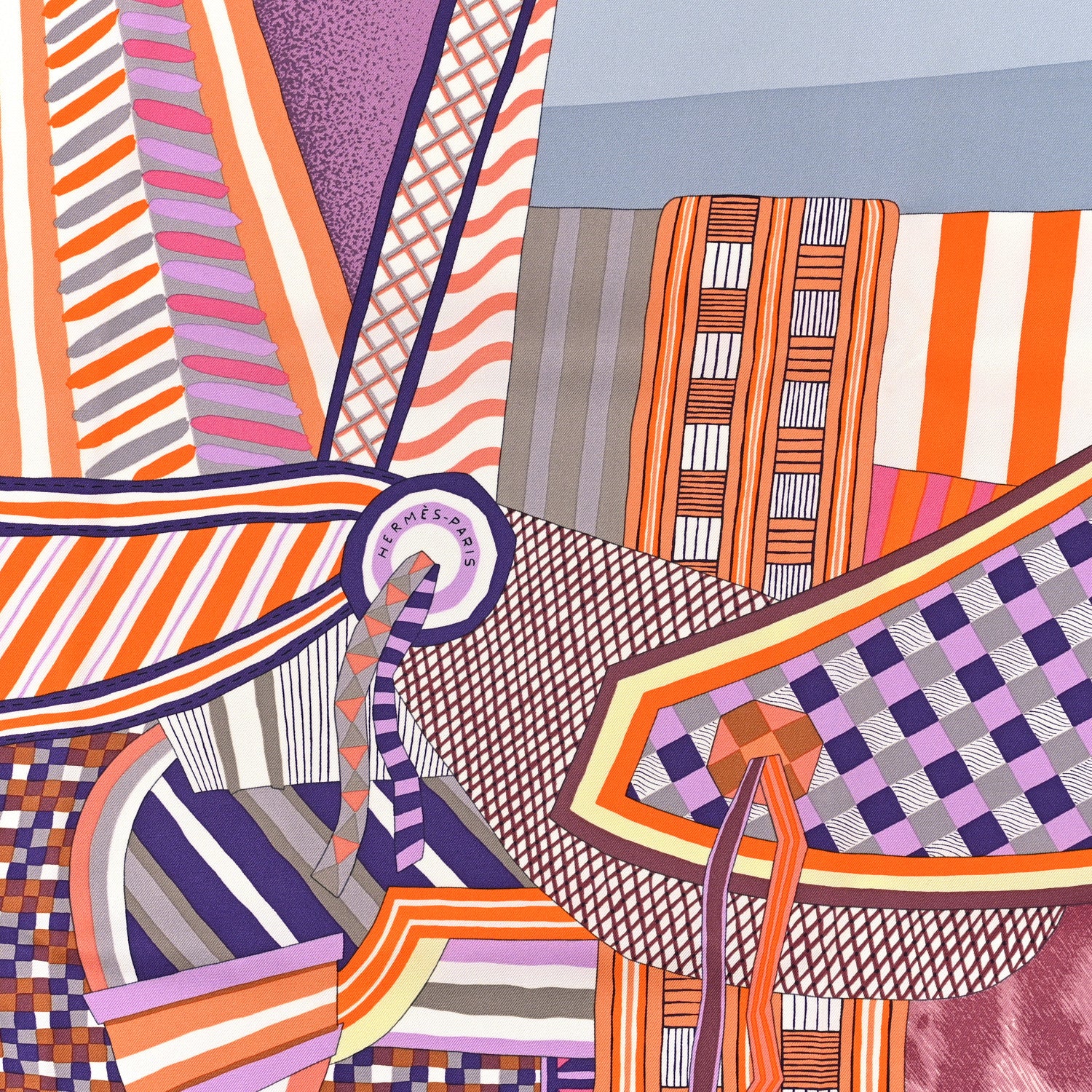 Hermes Silk La Selle Imaginaire Dossard Scarf 90 Gris Perle Violet