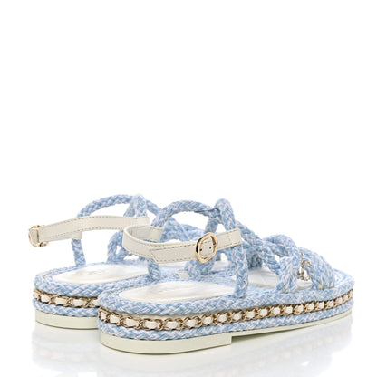 Chanel Lambskin Cord Chain CC Sandals 38 Blue White 4 of 10