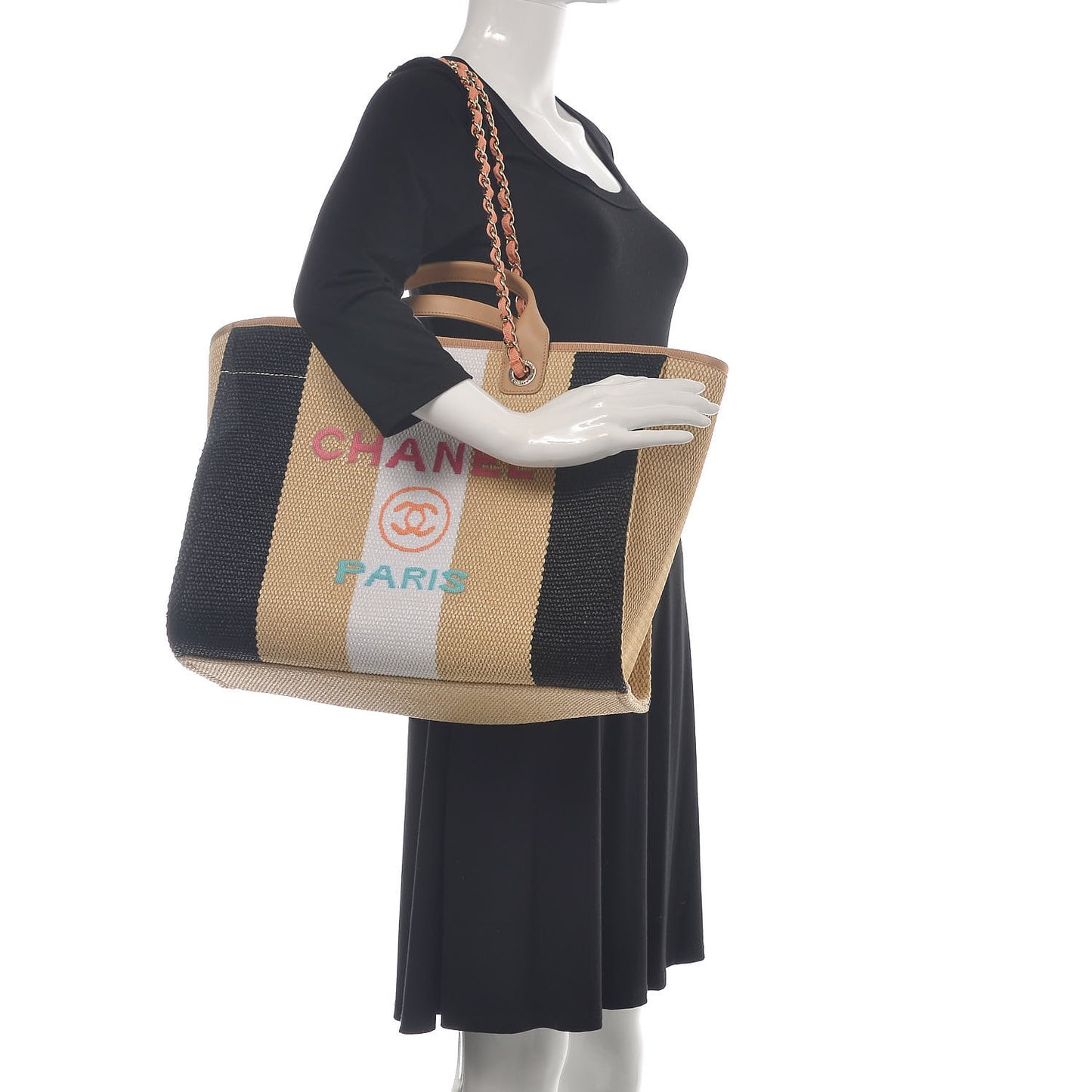 Straw Raffia Calfskin Striped Large Deauville Tote Black Beige Ivory