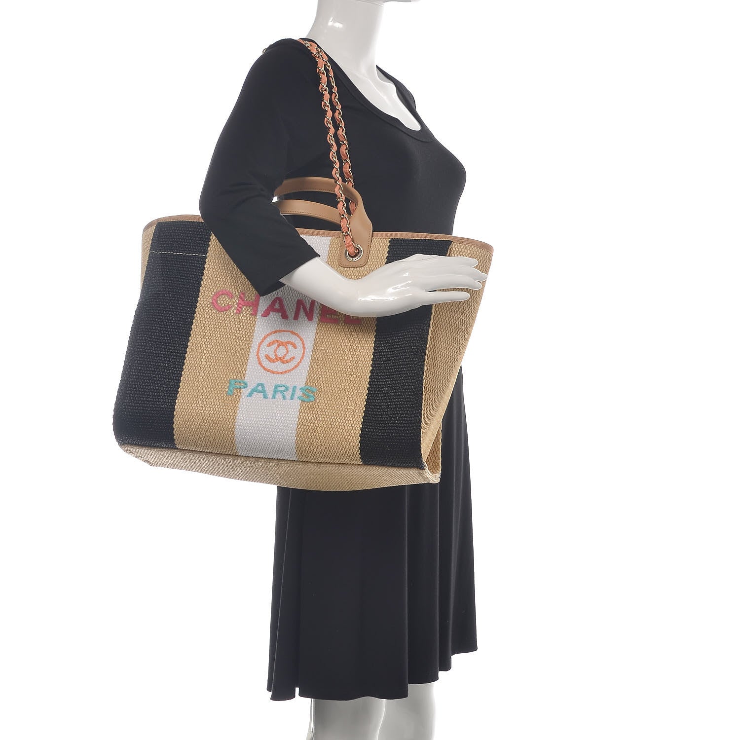 Chanel Straw Raffia Calfskin Striped Large Deauville Tote Black Beige Ivory 2 of 10