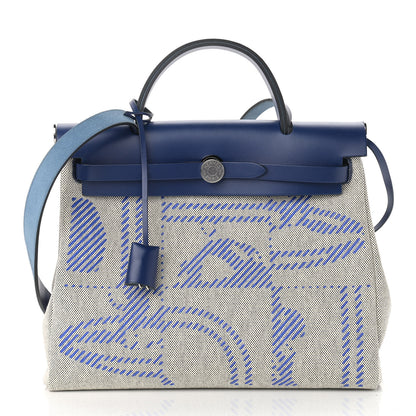 Hermes Vache Hunter Toile H Brides de Gala Herbag Zip Retourne 31 PM Bleu De France Ecru Black 3 of 10