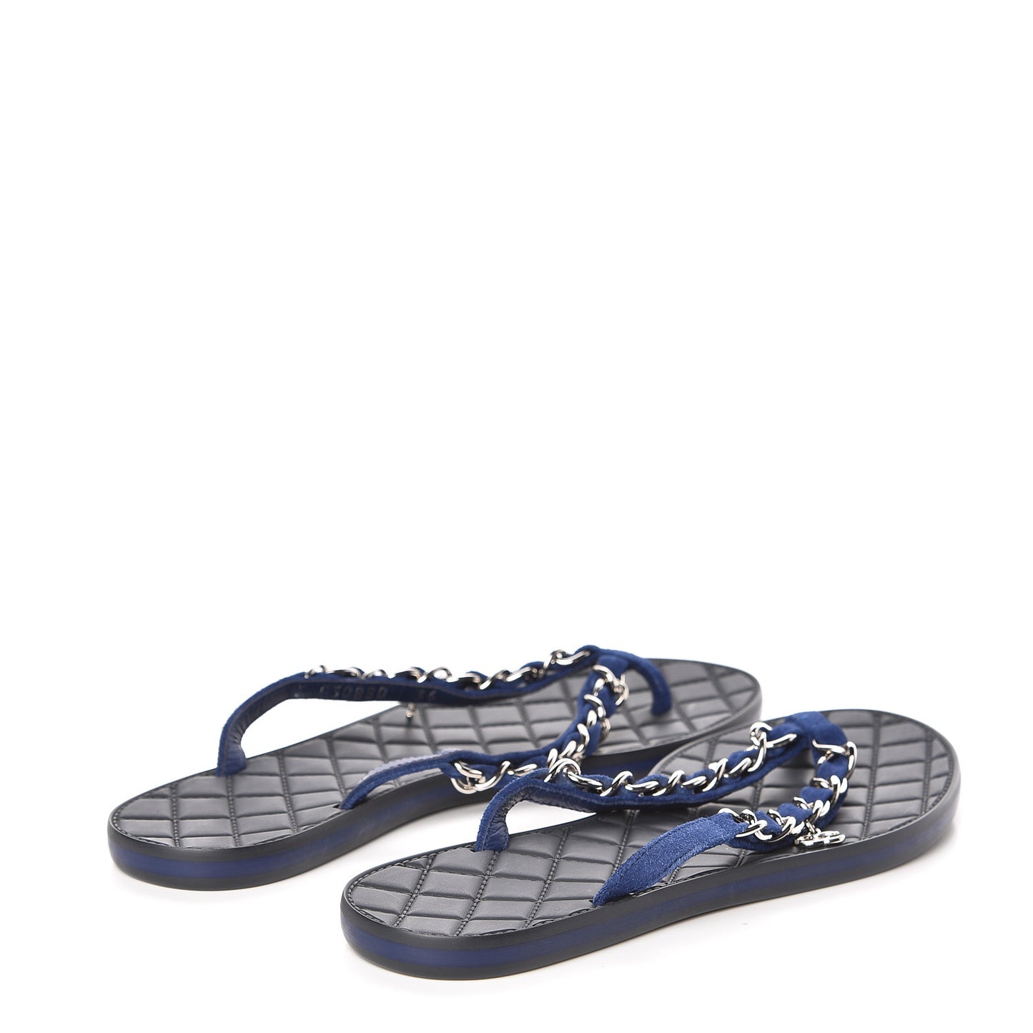 Suede Calfskin Quilted Chain Thong Sandals 36 Navy Blue