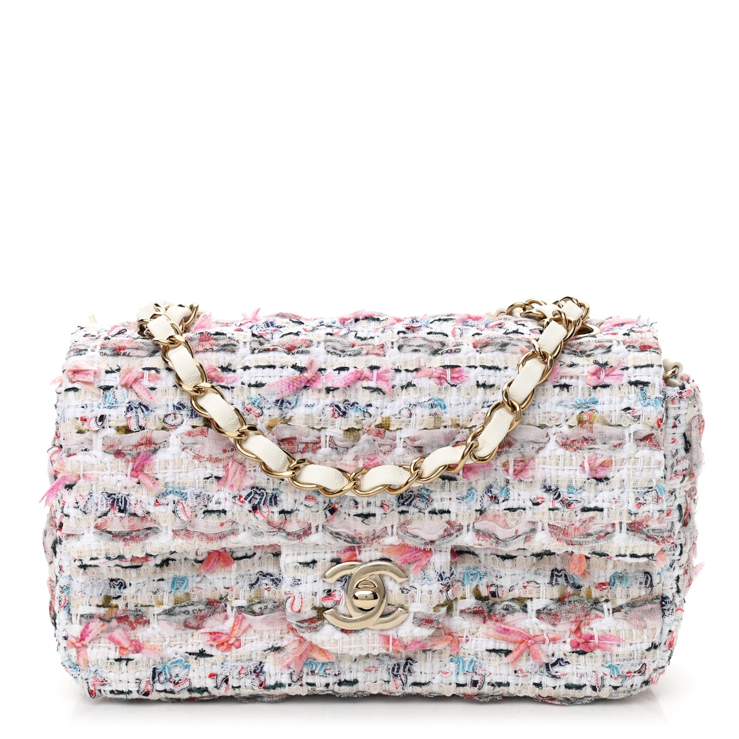 Tweed Quilted Mini Rectangular Flap White Pink Multicolor