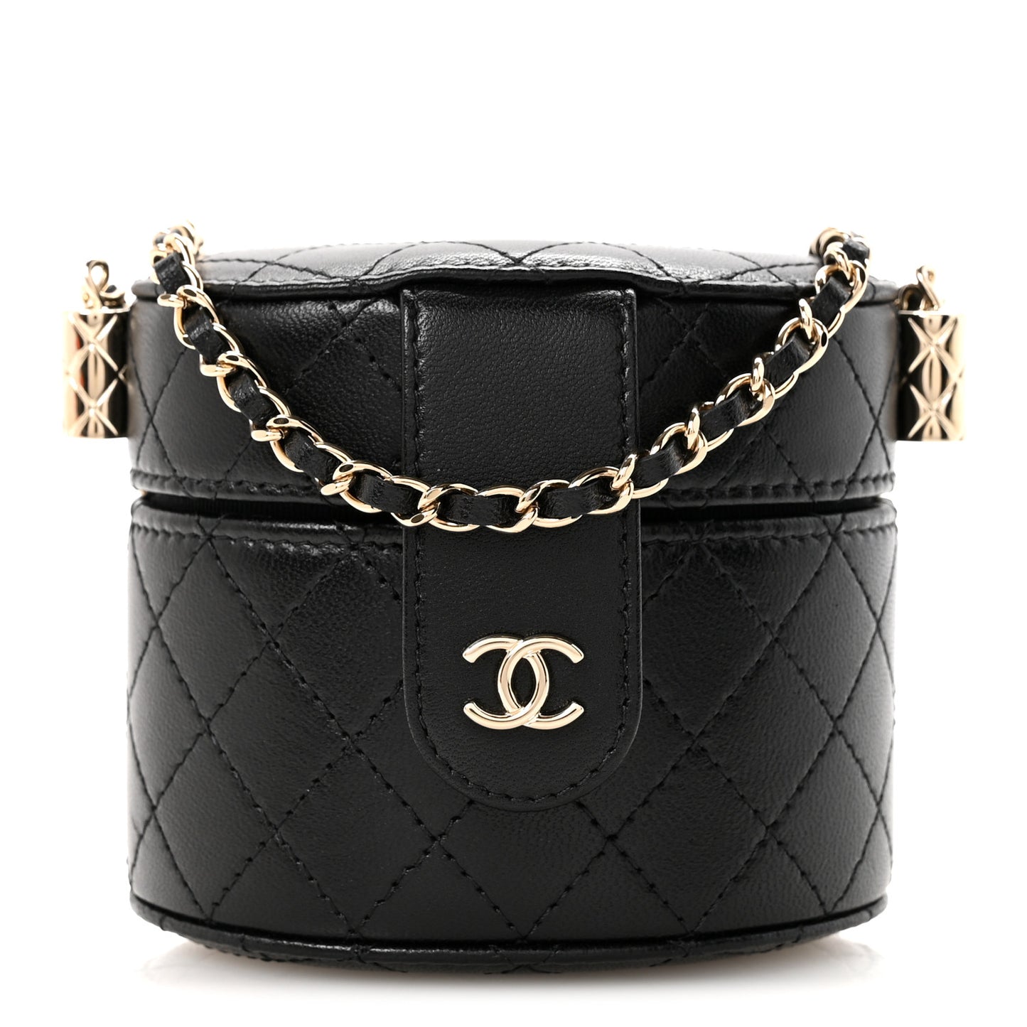 Lambskin Quilted Mini Round Vanity Case With Chain Black