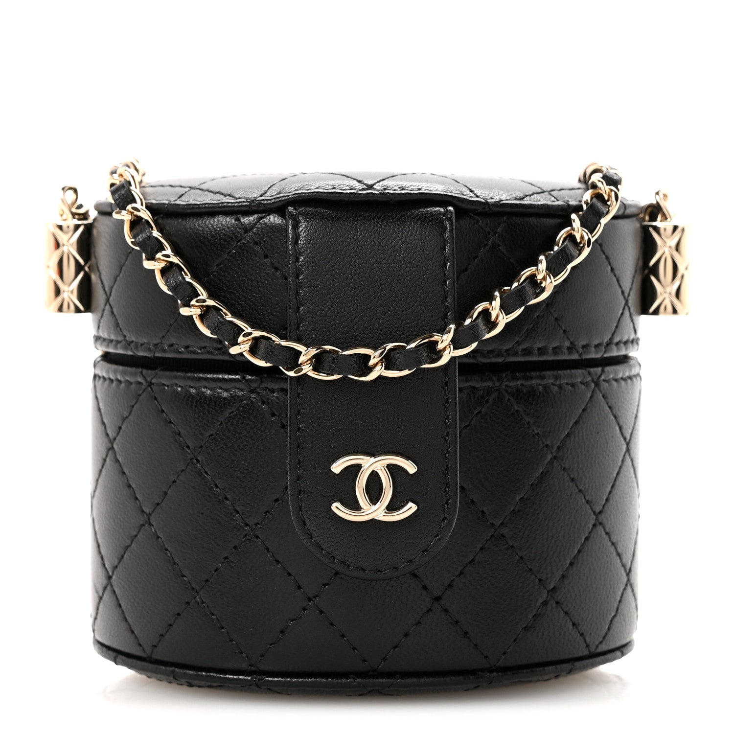 Chanel Lambskin Quilted Mini Round Vanity Case With Chain Black 1 of 12