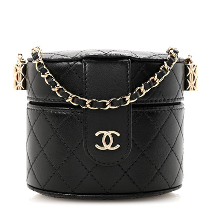 Chanel Lambskin Quilted Mini Round Vanity Case With Chain Black 1 of 12