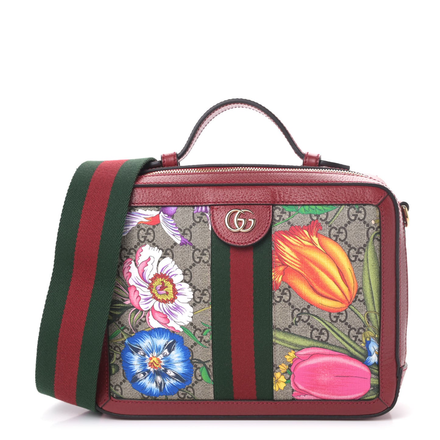 GG Supreme Monogram Flora Web Small Ophidia Top Handle Shoulder Bag Hibiscus Red