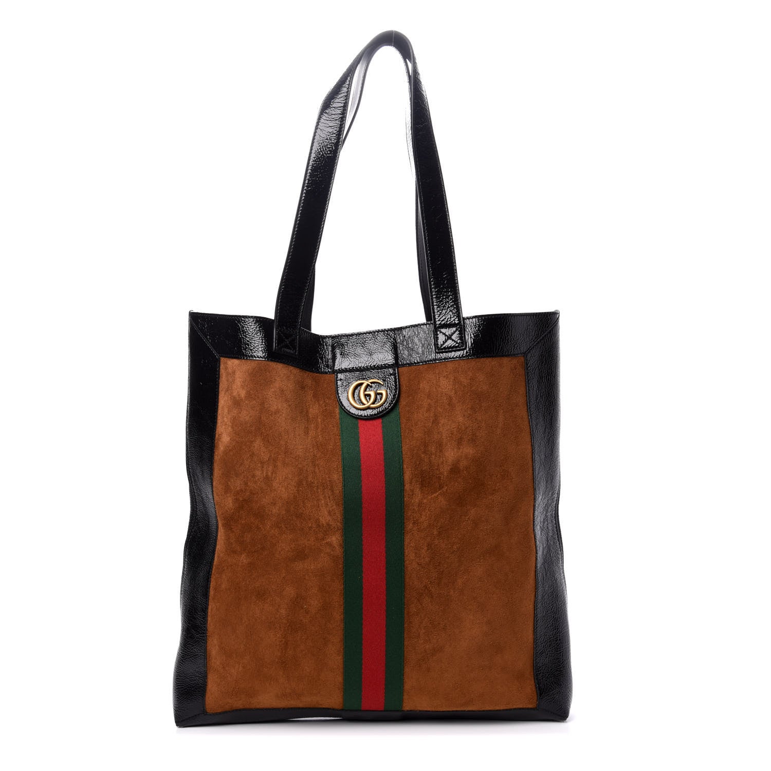 Gucci Suede Patent Web Large Ophidia Vertical Shopping Tote Nocciola Black 1 of 8