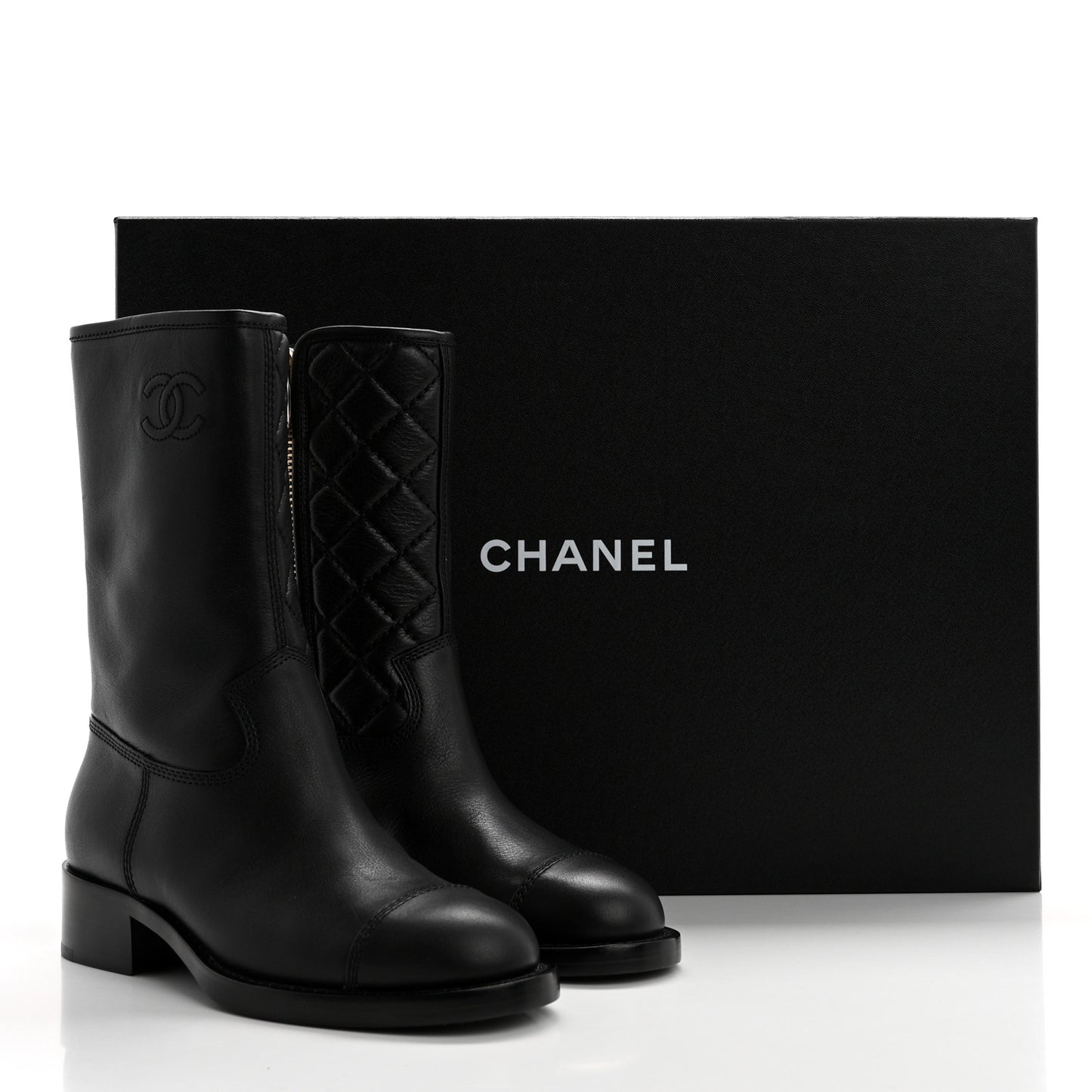 Calfskin Quilted CC Logo Mid Calf Boots 36 Black