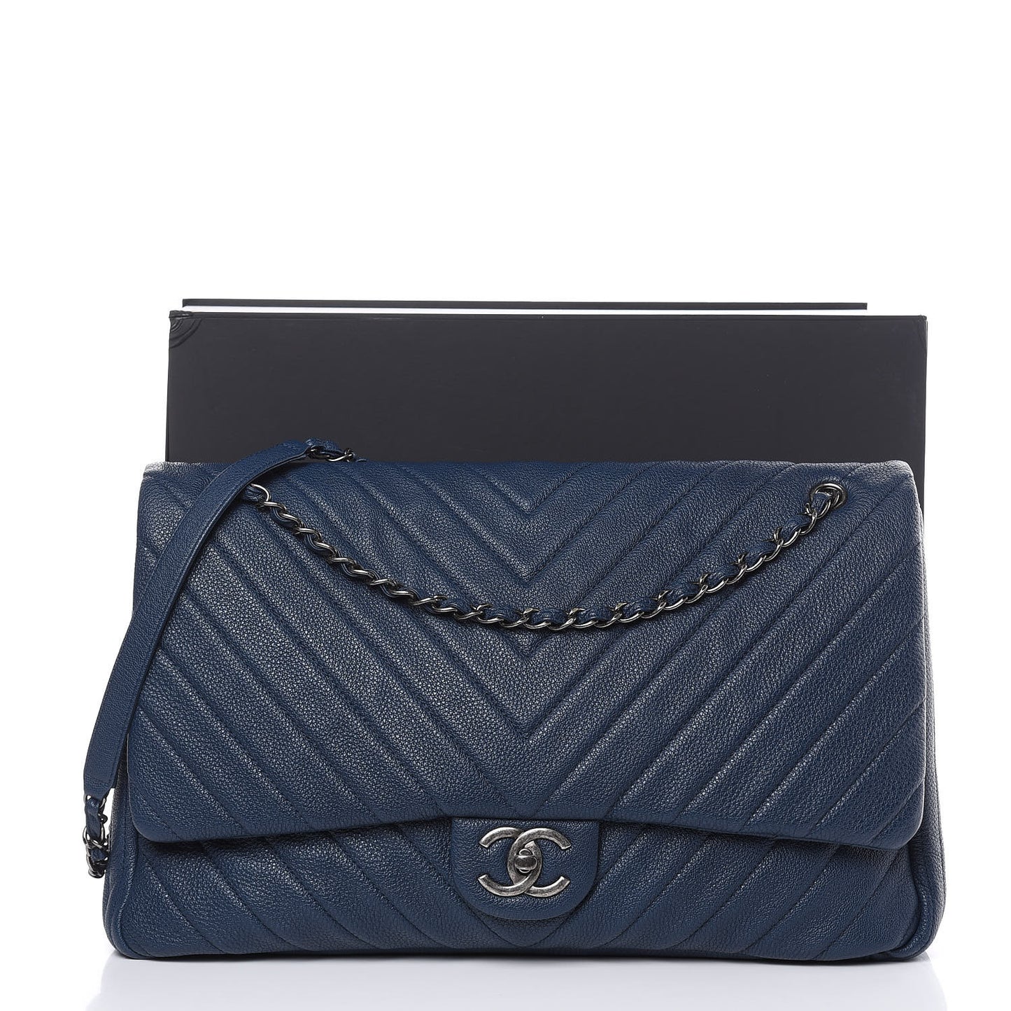 Calfskin Chevron Quilted XXL Travel Flap Bag Navy