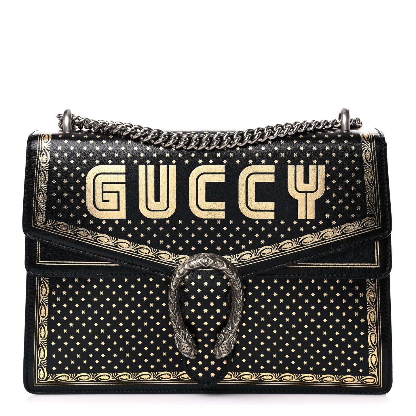 X SEGA Calfskin GUCCY Stars Medium Dionysus Shoulder Bag Black Gold