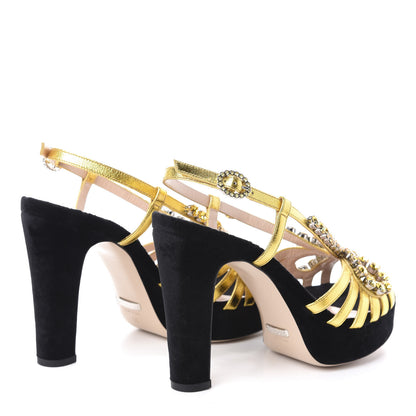 Gucci Velvet Crystal Platform Sandals 36 Black Gold 4 of 7