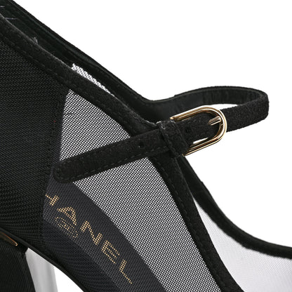 Chanel Mesh Suede Grosgrain Pearls Cap Toe Mary Jane Pumps  37.5 Black 11 of 14