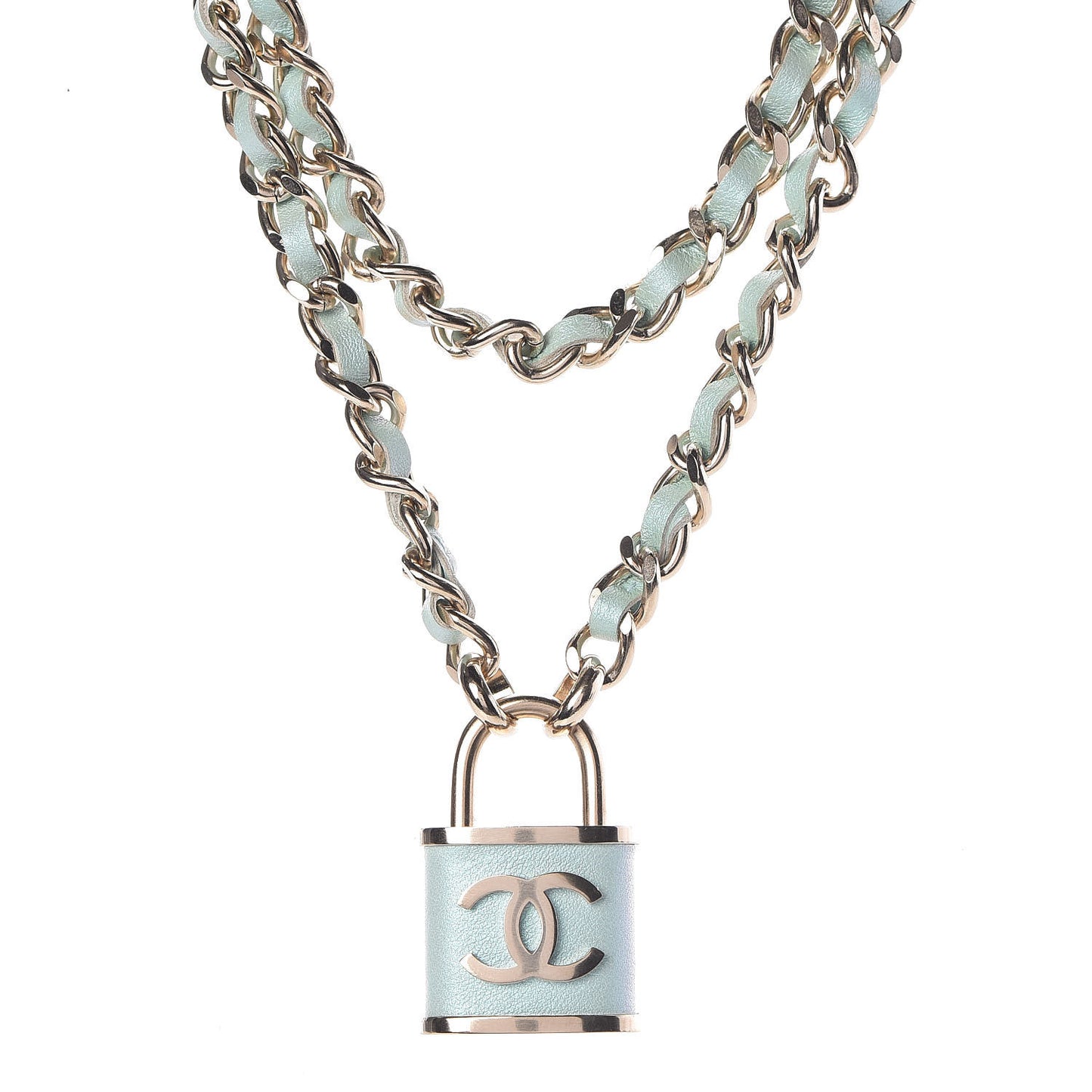 Metal Lambskin Lock Double Necklace Iridescent Blue