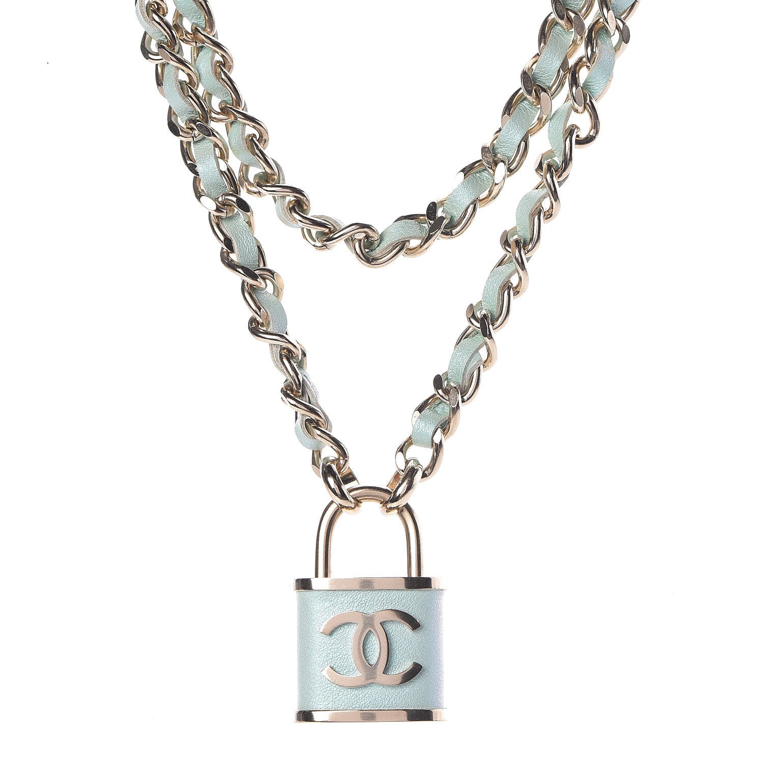 Chanel Metal Lambskin Lock Double Necklace Iridescent Blue 1 of 5