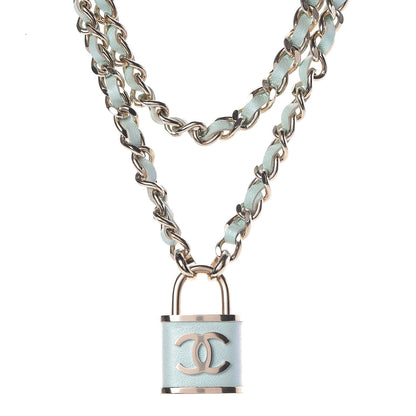 Chanel Metal Lambskin Lock Double Necklace Iridescent Blue 1 of 5