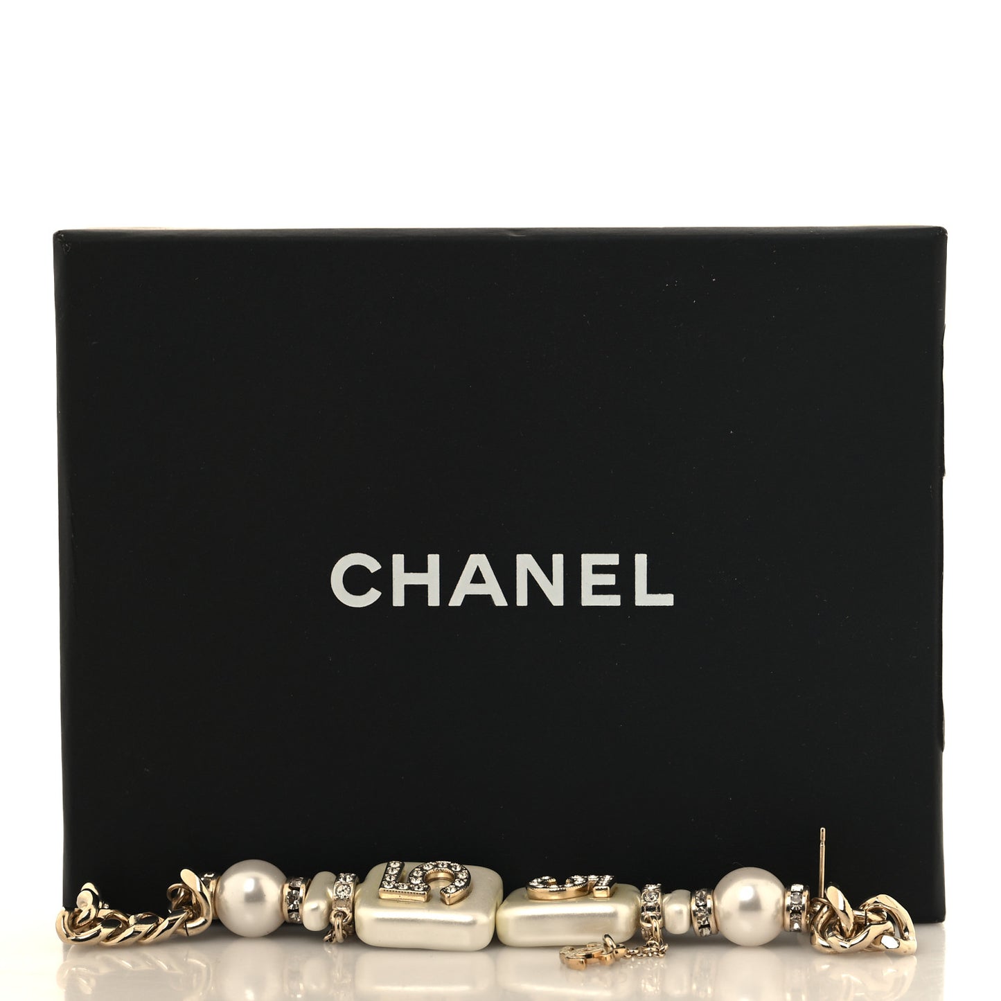 Pearl Resin Crystal CC No 5 Perfume Bottle Chain Drop Earrings Gold Pearly White