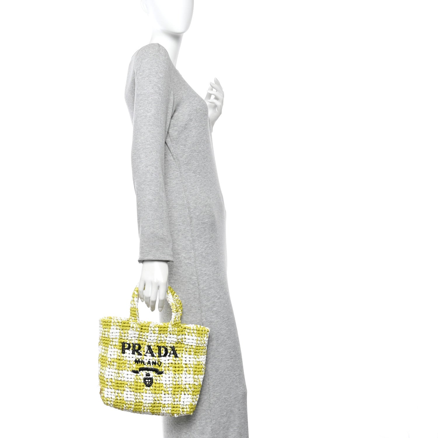 Prada Yarn Raffia Effect Crochet Embroidered Small Logo Tote Citron Yellow 2 of 9